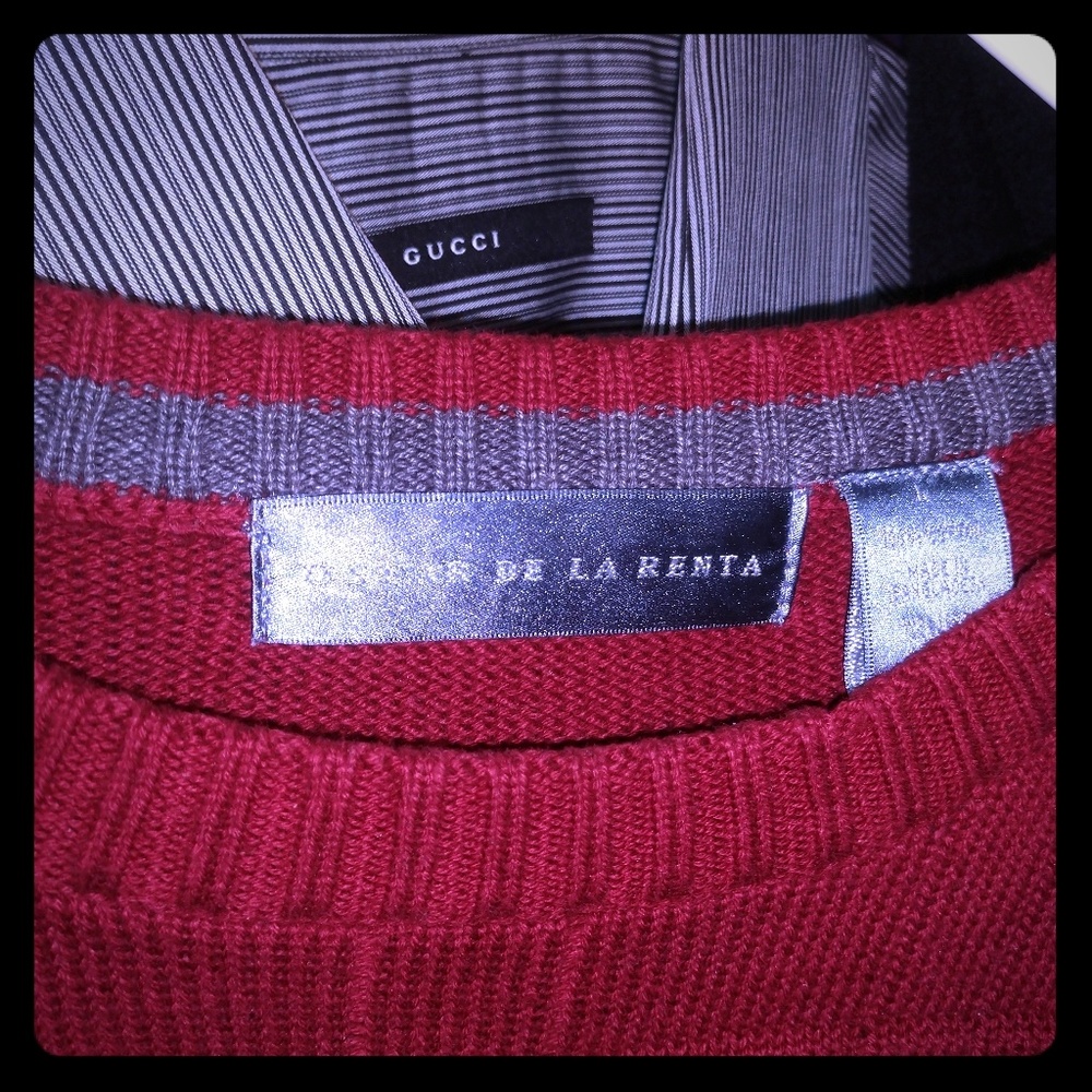 1-Oscar de la Renta sweater,& 2- Gucci button down